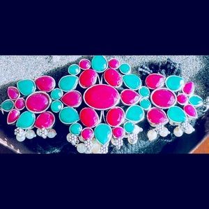 SOLD Blush Hibiscus and Teal Semi-Precious Mosaic Boho Necklace